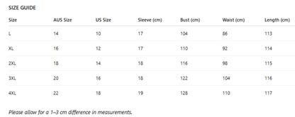 Size guide chart for clothing with measurements in centimeters