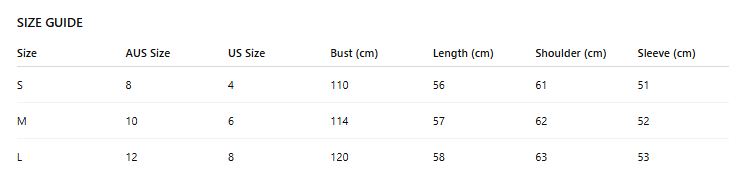 Size guide chart for clothing with measurements in centimeters