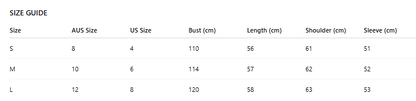 Size guide chart for clothing with measurements in centimeters