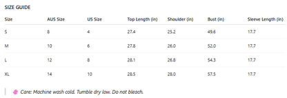 Size guide chart for clothing with measurements in inches