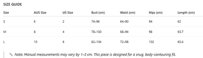 Size guide chart for clothing with measurements in centimeters