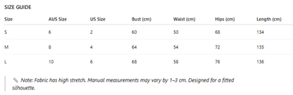 Size guide chart for clothing with measurements in centimeters