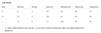 Size guide chart for clothing with measurements in centimeters