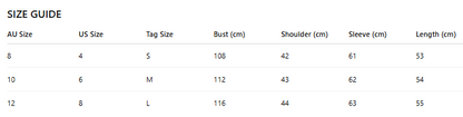 Size guide chart for clothing with measurements in centimeters