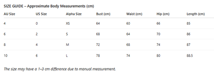 Size guide chart for clothing measurements in centimeters and US sizes.
