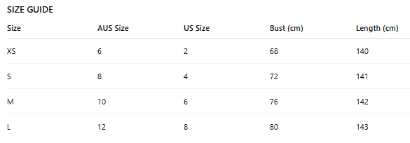 Size guide chart for clothing with AUS, US, Bust, and Length measurements.