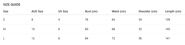 Size guide chart for clothing with measurements in centimeters