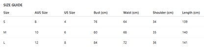 Size guide chart for clothing with measurements in centimeters