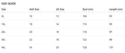 Size guide chart comparing Australian, US, bust, and length measurements.