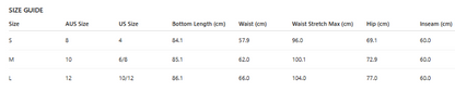 Size guide chart for clothing with measurements in centimeters