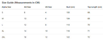 Size guide chart for clothing measurements in centimeters and US sizes.