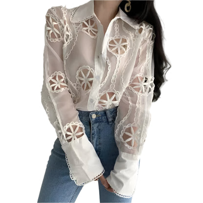 Elegant Lace Blouse – Turn-Down Collar & Full Sleeve Spring Top