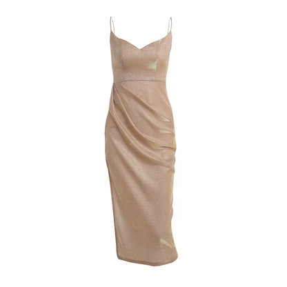 Elegant Knee-Length A-Line Dress with Halter Neckline & Spaghetti Straps – Non-Stretch Polyester