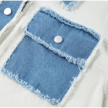Denim Patchwork Jacket - Lightweight Single-Breasted Solid Colour