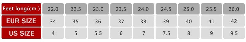 Shoe size chart with foot measurements and conversion to EUR and US sizes.