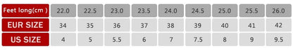 Shoe size chart with foot measurements and conversion to EUR and US sizes.