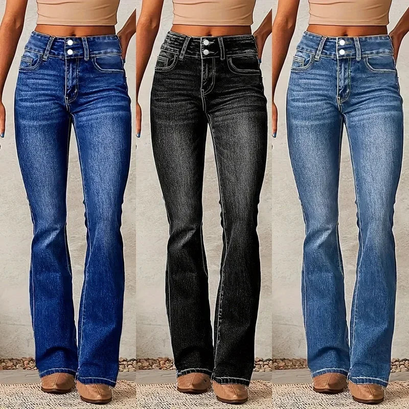 Three pairs of jeans worn by a person, displayed side by side.
