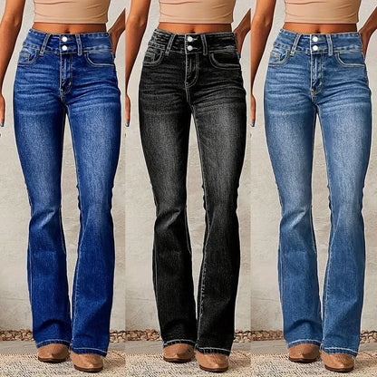 Three pairs of jeans worn by a person, displayed side by side.